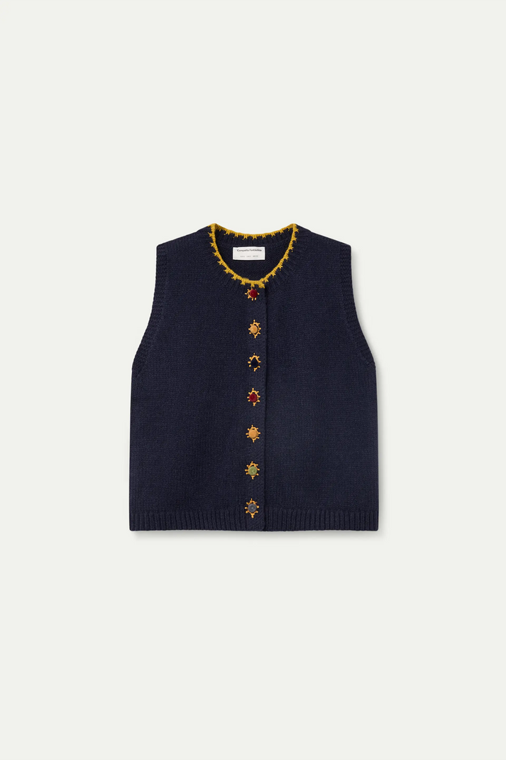 Compania Fantastica Navy Blue Knit Vest with Multicolored Velvet Buttons