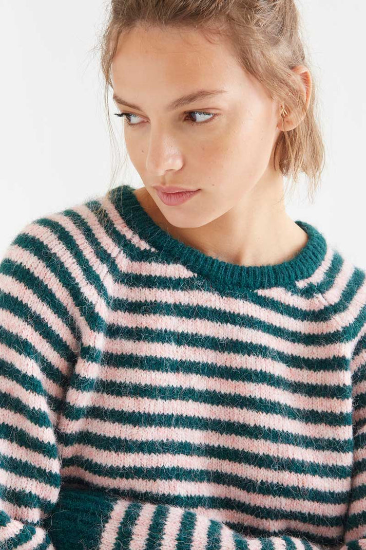 Compania Fantastica Dark Green and Pink Striped Knit Sweater