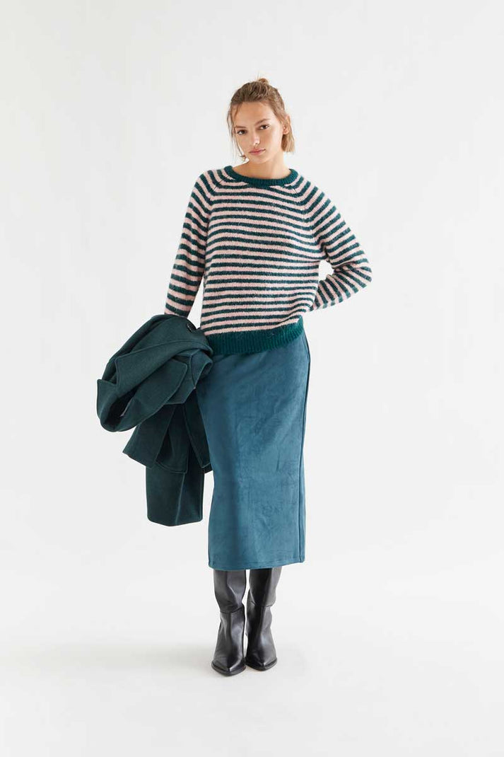 Compania Fantastica Dark Green and Pink Striped Knit Sweater