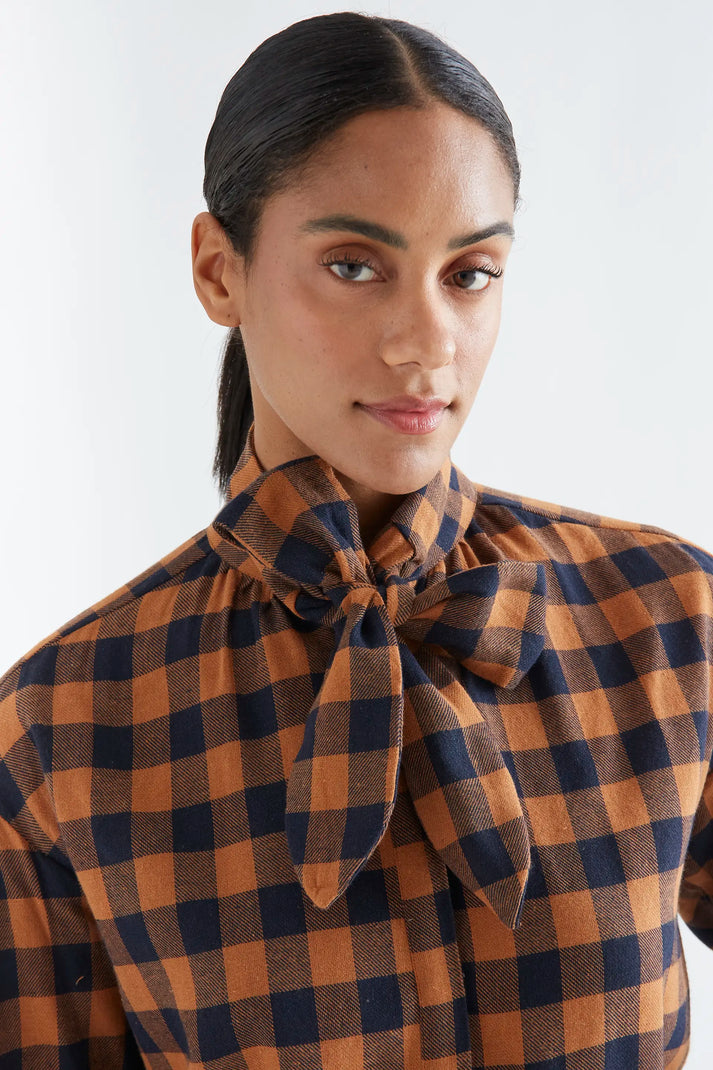 Compania Fantastica Cotton Lace-up Shirt in Brown and Navy Plaid