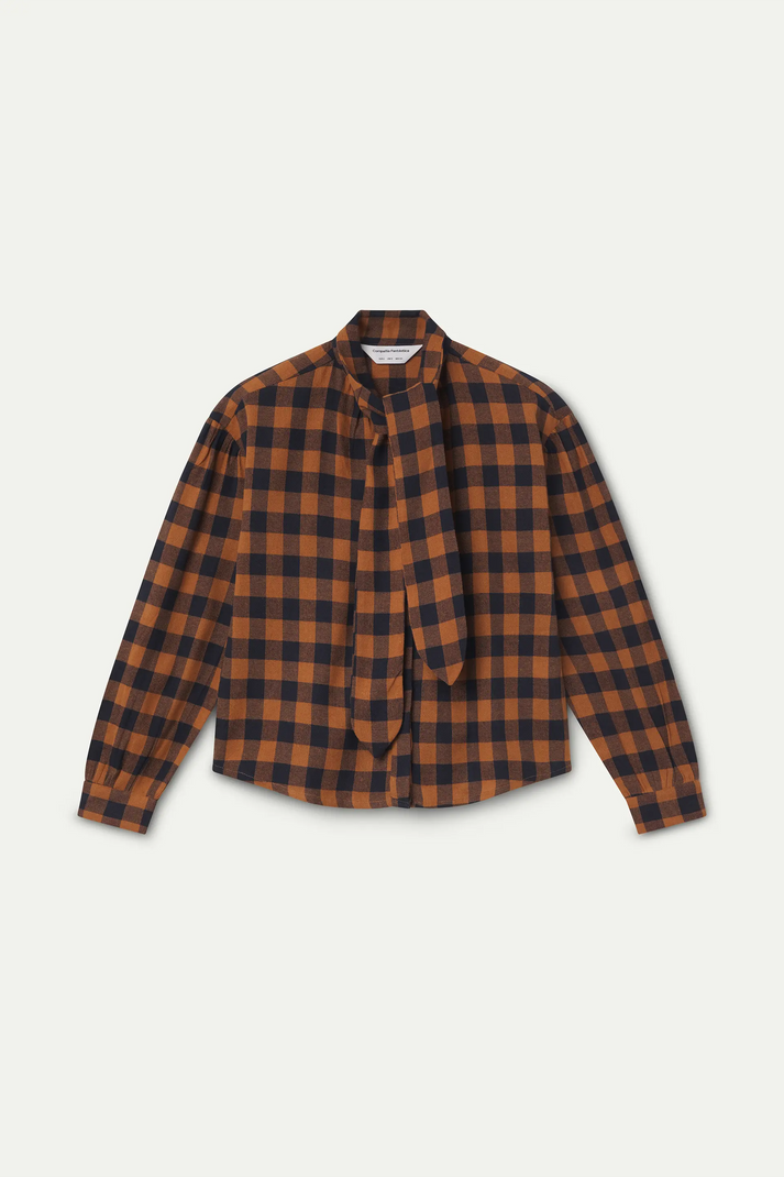 Compania Fantastica Cotton Lace-up Shirt in Brown and Navy Plaid
