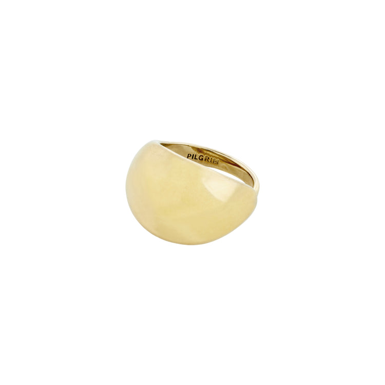 A gold-plated chunky statement ring with a shiny surface, photographed against a white background.