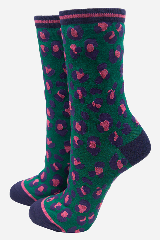 Women's Bamboo Socks Leopard Print Ankle Socks Green Pink: UK 3-7 