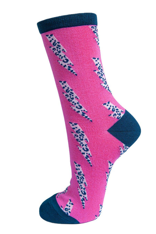 Womens Bamboo Socks Leopard Print Socks Lightning Bolt Pink