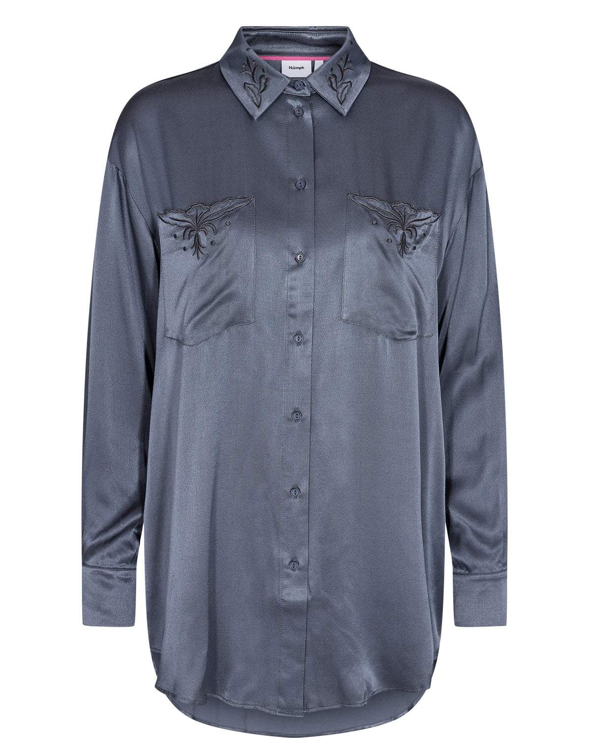 numph stylish long line shirt, made from a viscose in a pretty blue colour. embroidery detail at the collar and check pockets