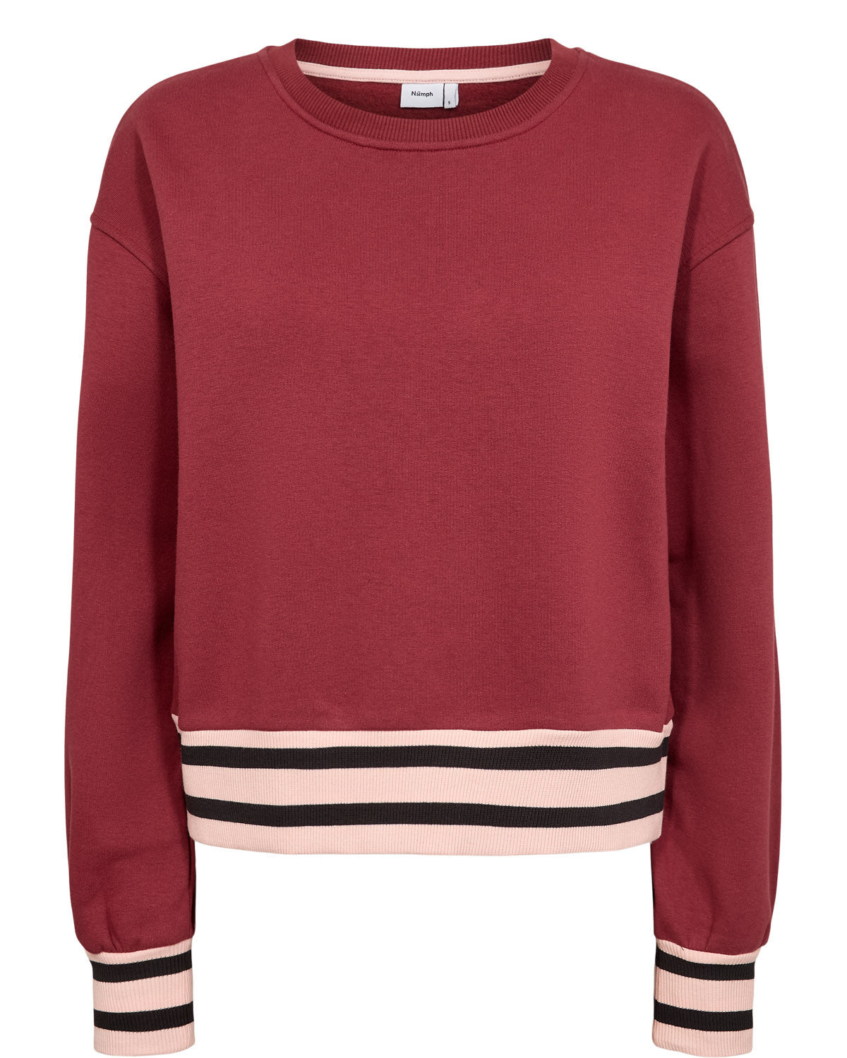 A crewneck sweatshirt in a deep  rich berry red, featuring a light pink and black striped ribbed hem and matching striped cuffs, shown against a plain white background.