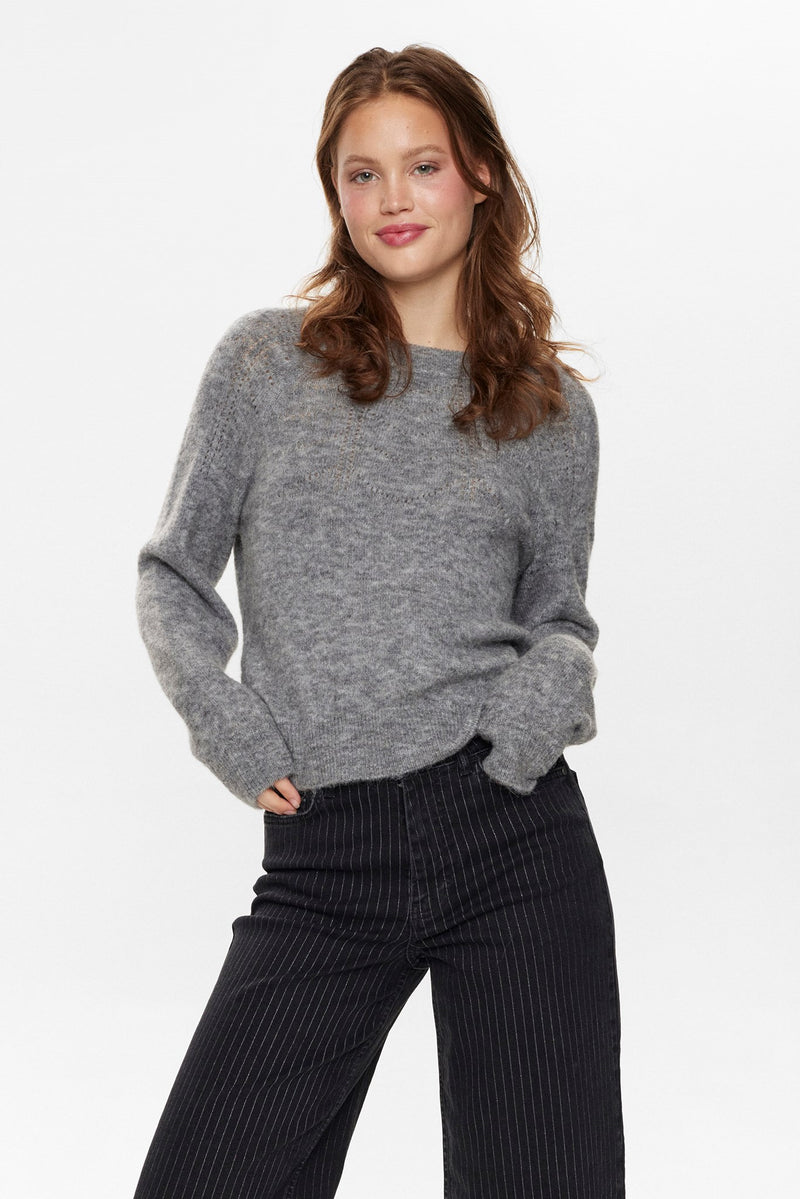 The Numph Rietta Bow Pullover in soft Medium Grey witha tie bow at the back 