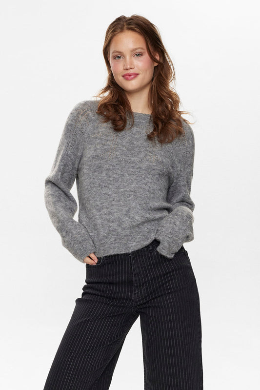 The Numph Rietta Bow Pullover in soft Medium Grey witha tie bow at the back 