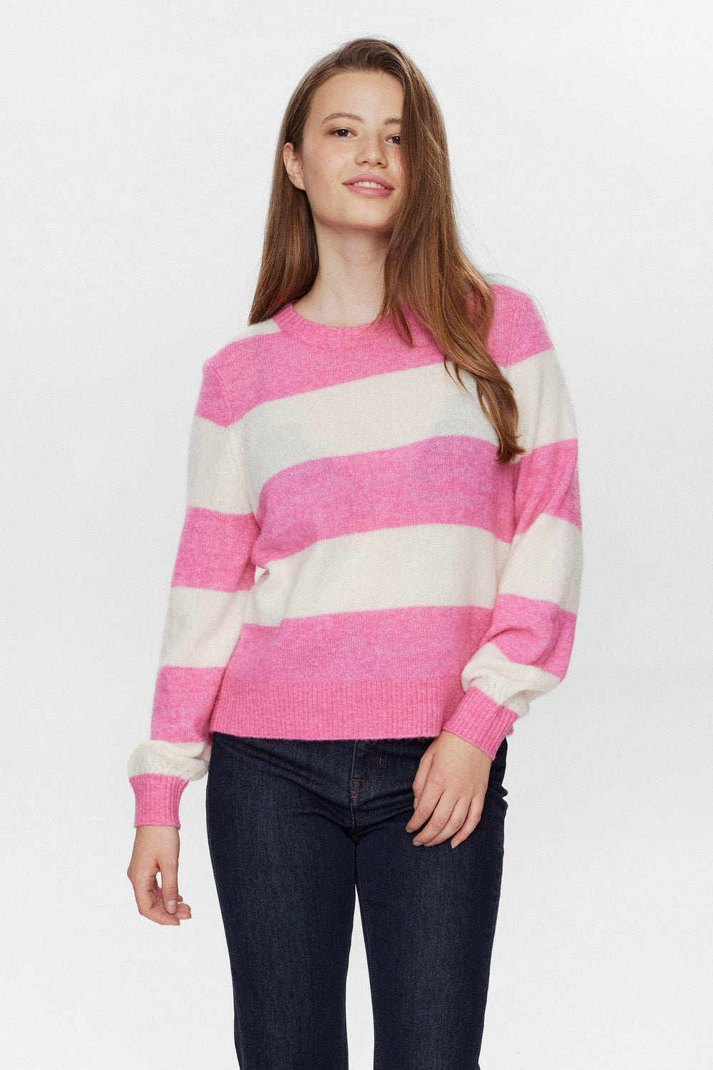 Numph Nuriette Big Stripe Pullover in Pink Cosmos
