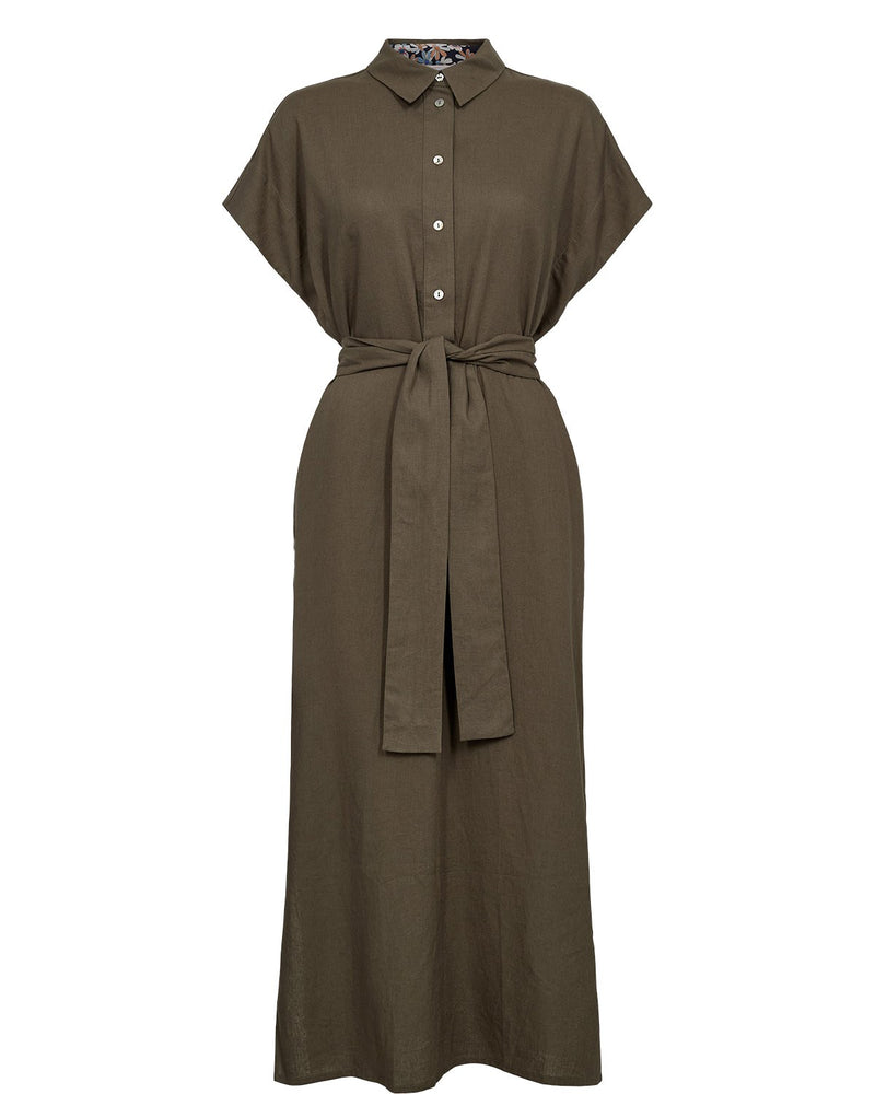 Green dress with a belt on a white background