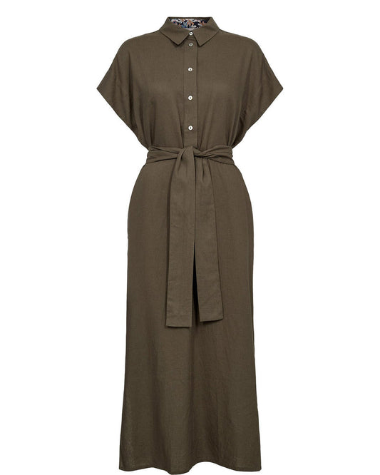 Green dress with a belt on a white background