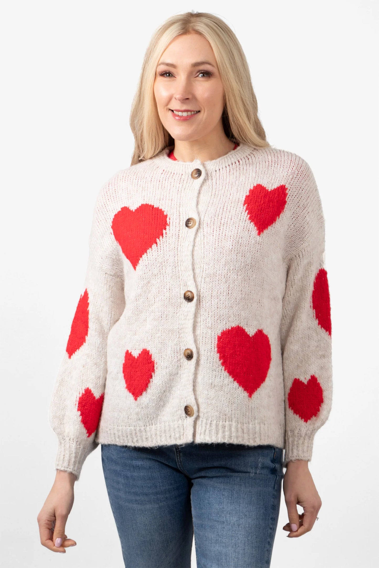 Lola Love Heart Cardigan - Cream/Red, Italian Wool Blend