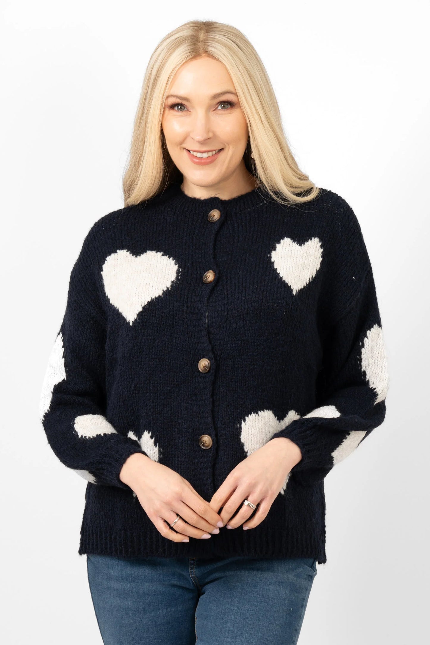 Lola Love Heart Cardigan - Navy Blue/Cream, Italian Wool Blend