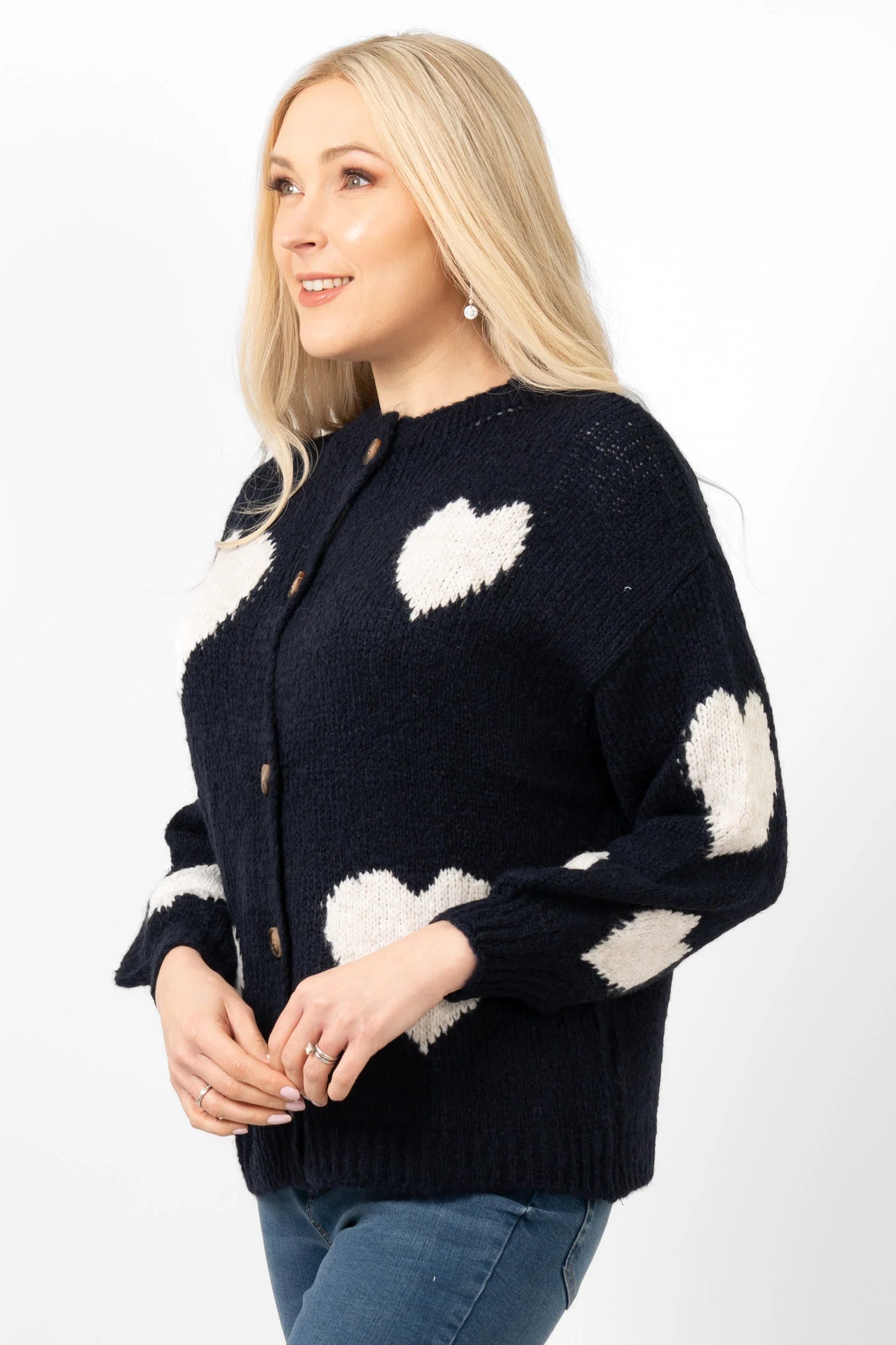 Lola Love Heart Cardigan - Navy Blue/Cream, Italian Wool Blend