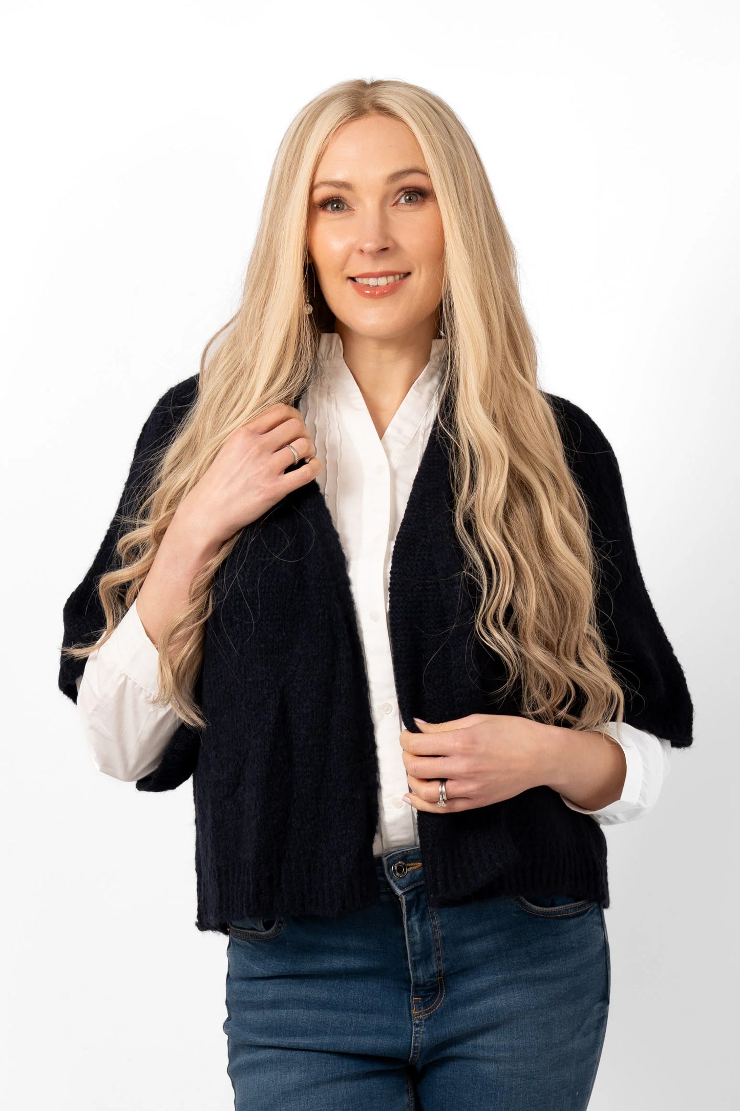 Amelia Short Sleeve Cardigan - Navy Blue, Italian Wool Blend