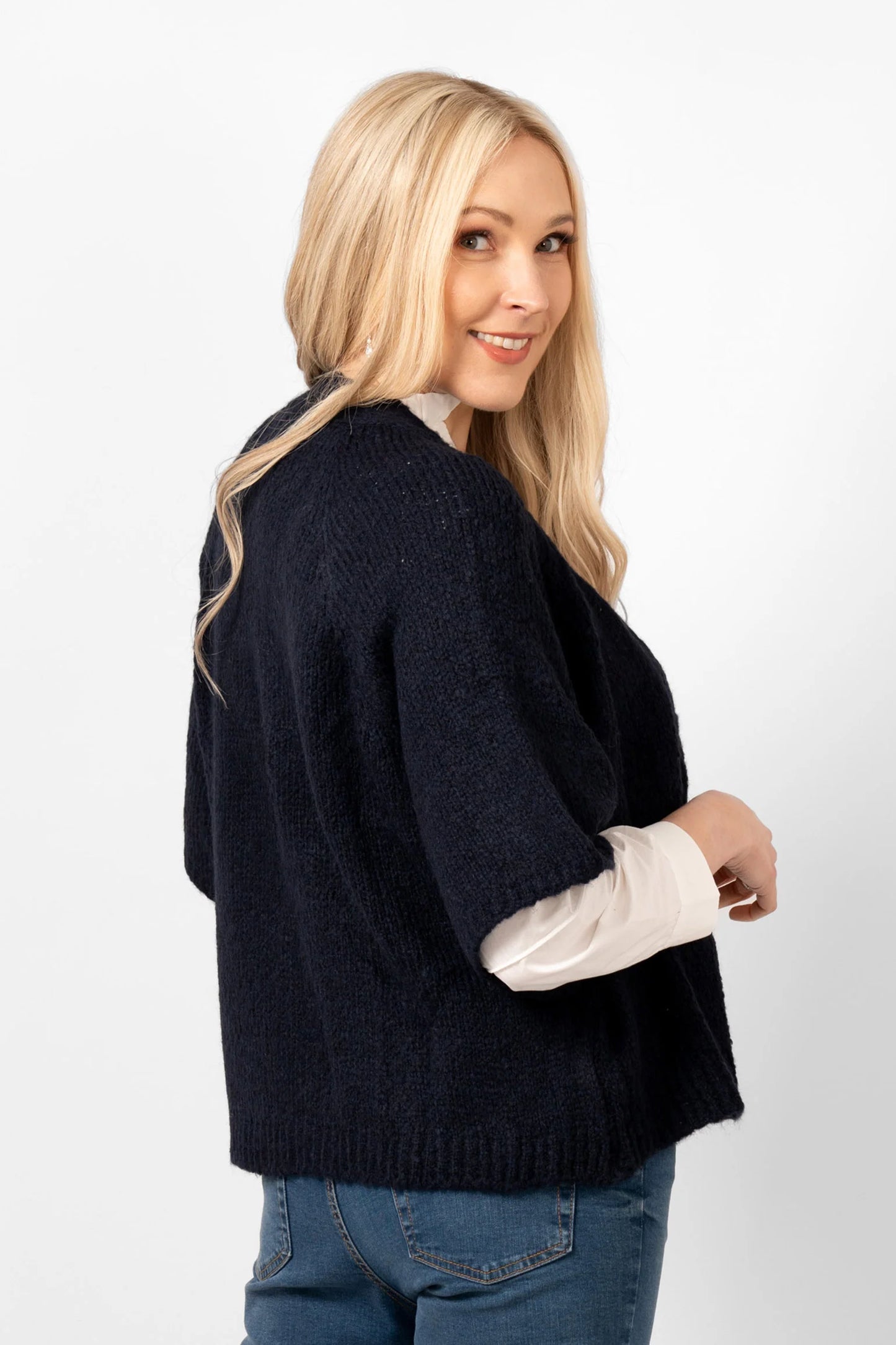 Amelia Short Sleeve Cardigan - Navy Blue, Italian Wool Blend