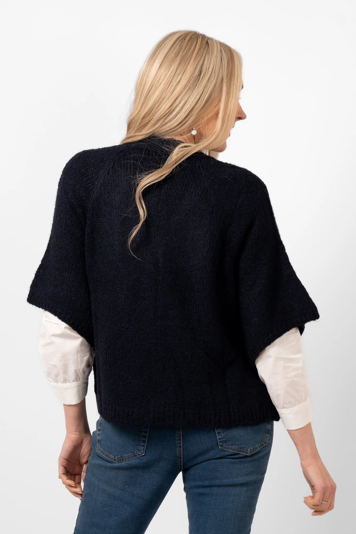 Amelia Short Sleeve Cardigan - Navy Blue, Italian Wool Blend