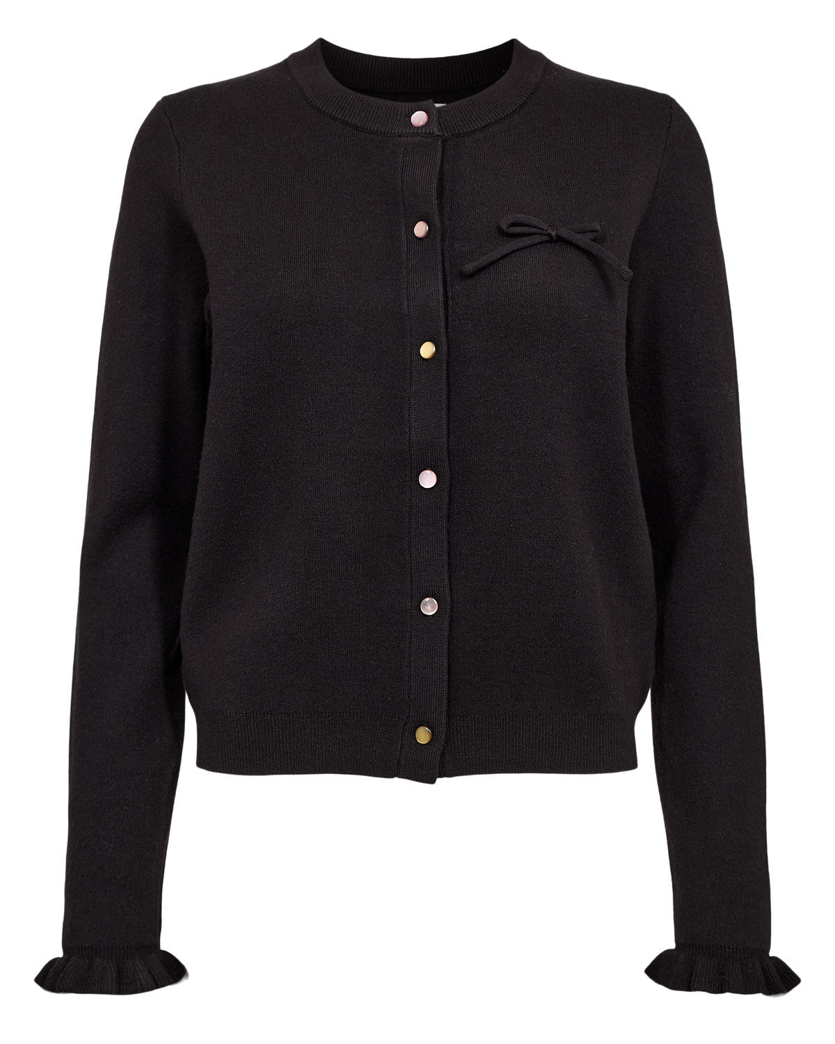 A black long-sleeve knit cardigan with a round neckline, decorative button closure, a small bow detail on the chest, and ruffled cuffs, shown against a plain white background.