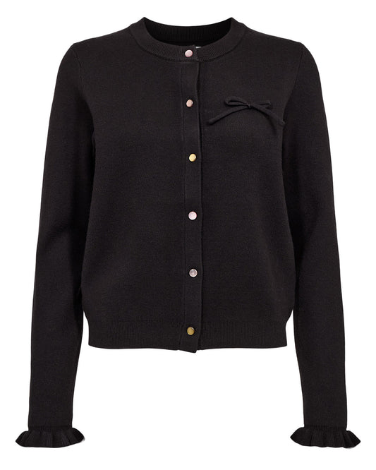 A black long-sleeve knit cardigan with a round neckline, decorative button closure, a small bow detail on the chest, and ruffled cuffs, shown against a plain white background.