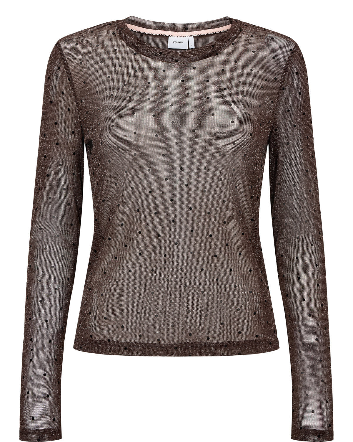 Numph Shanta LS Top in Pinecone - A sheer, long-sleeve crewneck top in a muted taupe-brown colour, featuring a delicate black polka-dot pattern throughout. The brand label on the inner collar reads 'Pier St.