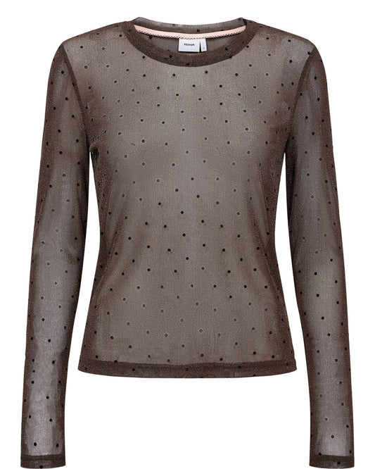 Numph Shanta LS Top in Pinecone - A sheer, long-sleeve crewneck top in a muted taupe-brown colour, featuring a delicate black polka-dot pattern throughout. The brand label on the inner collar reads 'Pier St.