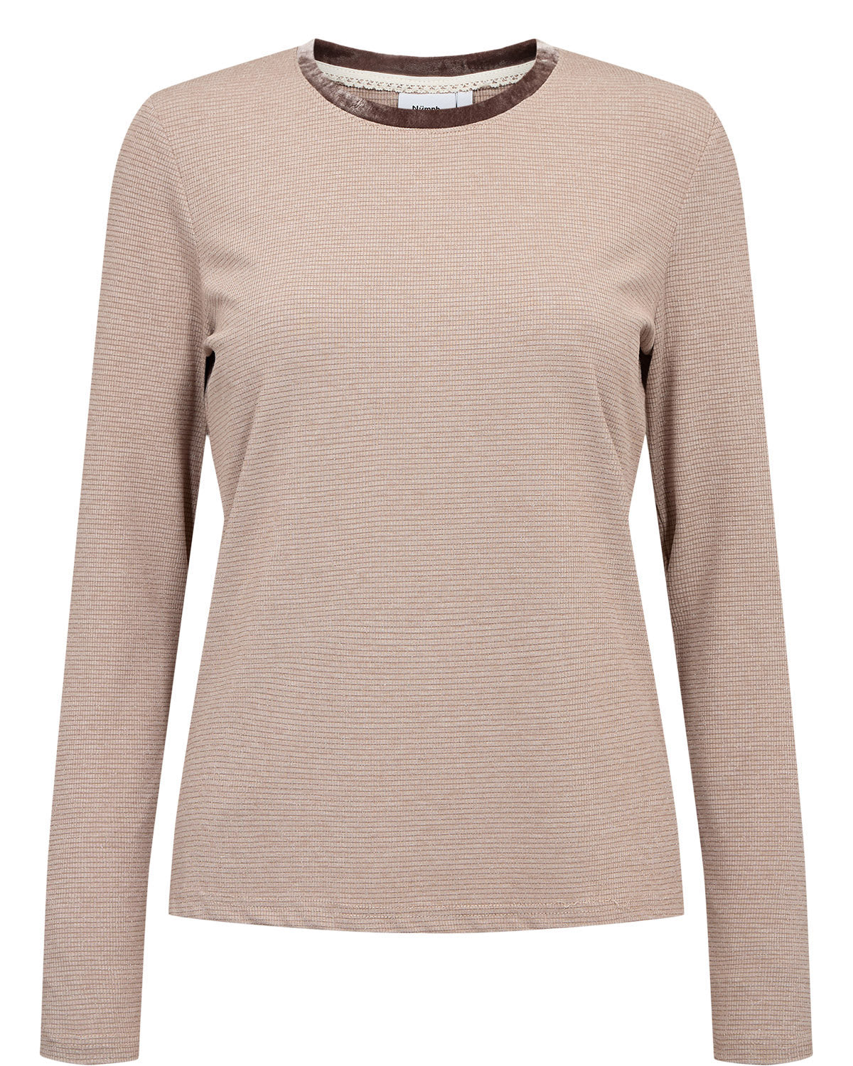 Numph Trinna Long Sleeve Blouse in Taupe - A long-sleeve crewneck knit top in a light beige or taupe colour with fine horizontal ribbing, shown against a plain white background.