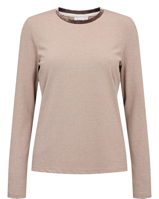 Numph Trinna Long Sleeve Blouse in Taupe - A long-sleeve crewneck knit top in a light beige or taupe colour with fine horizontal ribbing, shown against a plain white background.