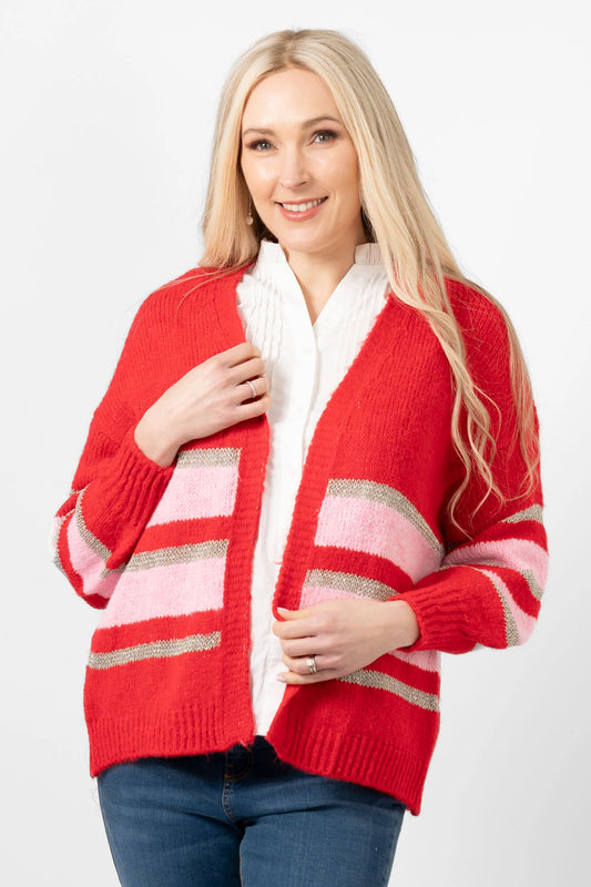 Sienna Wool Blend Cardigan - Red / Light Pink / Gold Striped