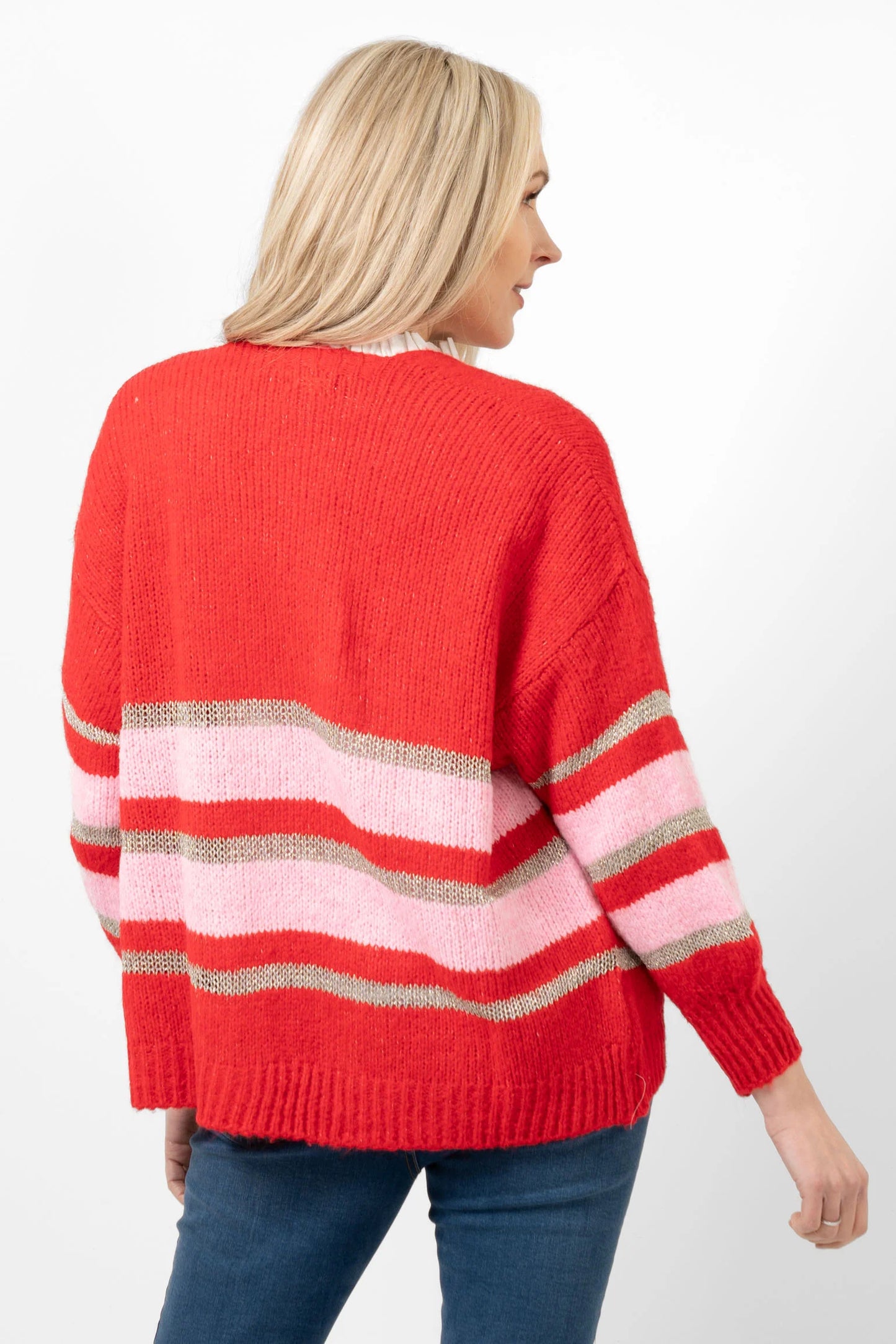 Sienna Wool Blend Cardigan - Red / Light Pink / Gold Striped