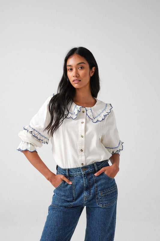 seventy + mochi Phoebe Blouse in Ecru & Electric Blue Embroidery