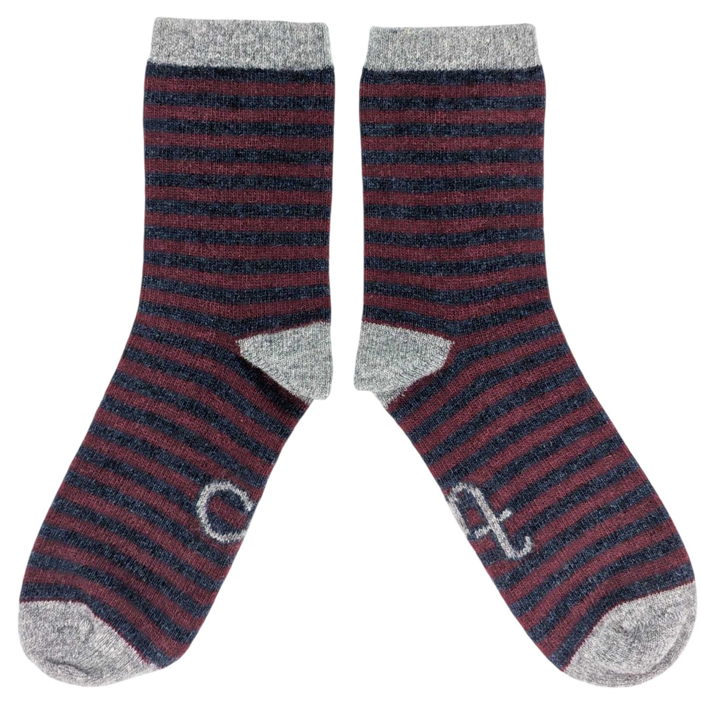 Pair of striped socks with gray cuffs and toes on a white background