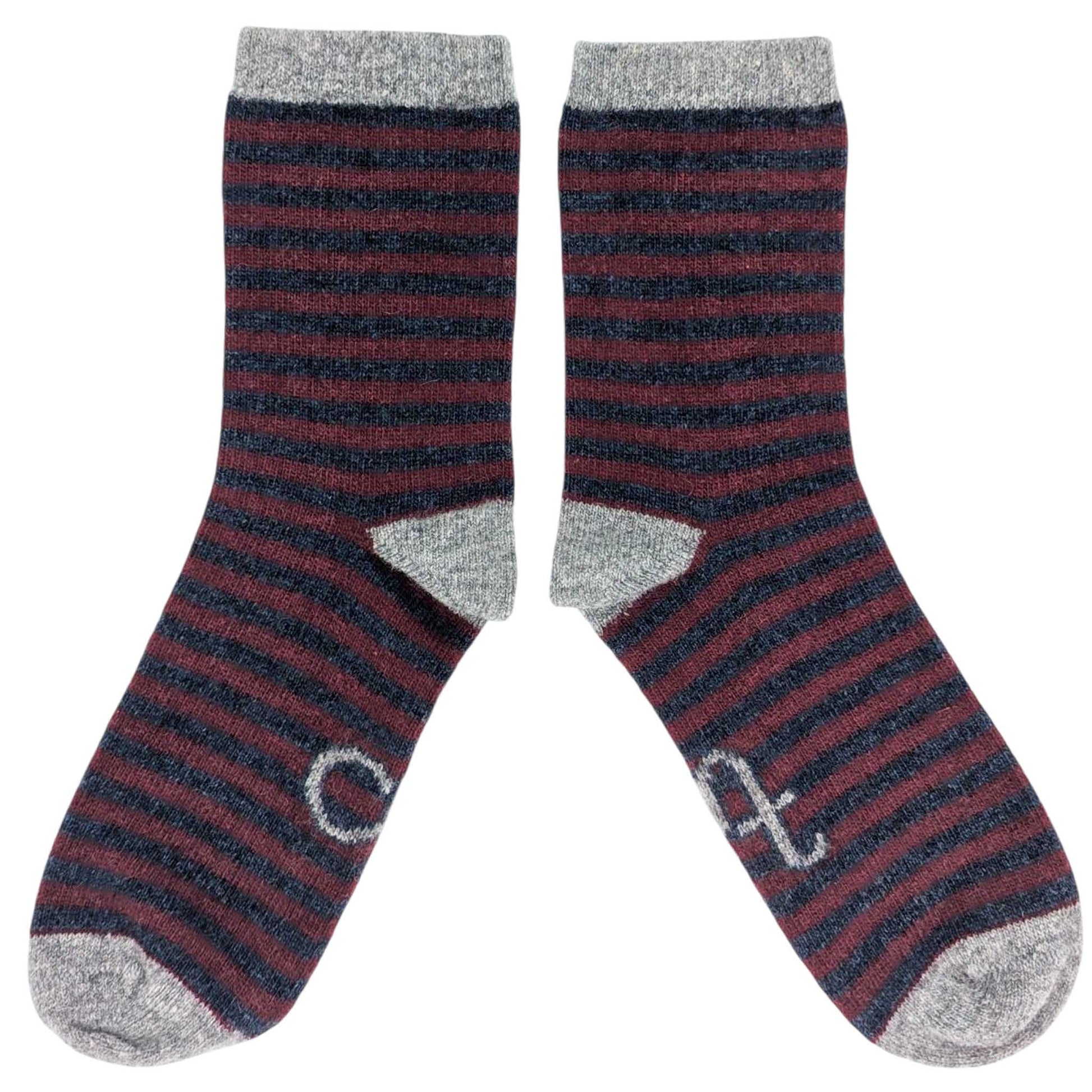 Pair of striped socks with gray cuffs and toes on a white background