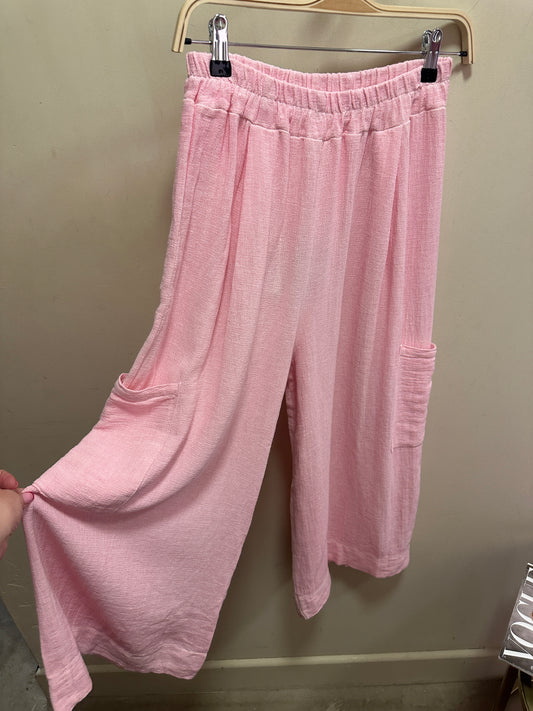 Harper Cropped linen mix trouser with side pockets Peony Pink