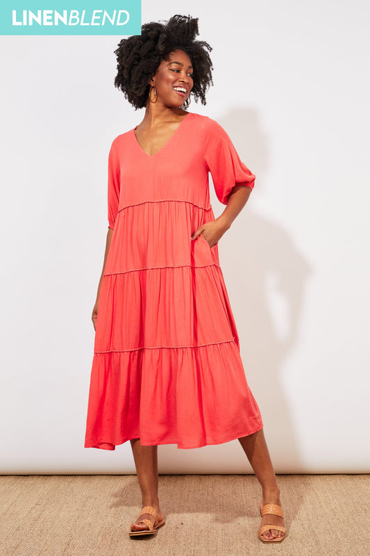 Haven Tropicana Tiered Maxi Dress - in Coral