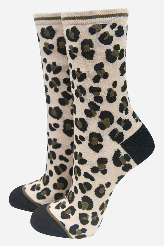 Cream Women's All Over Leopard Print Bamboo Socks