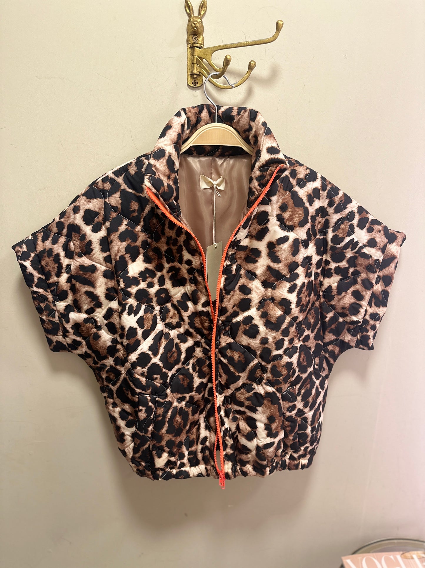 Padded showerproof leopard gilet with orange zip