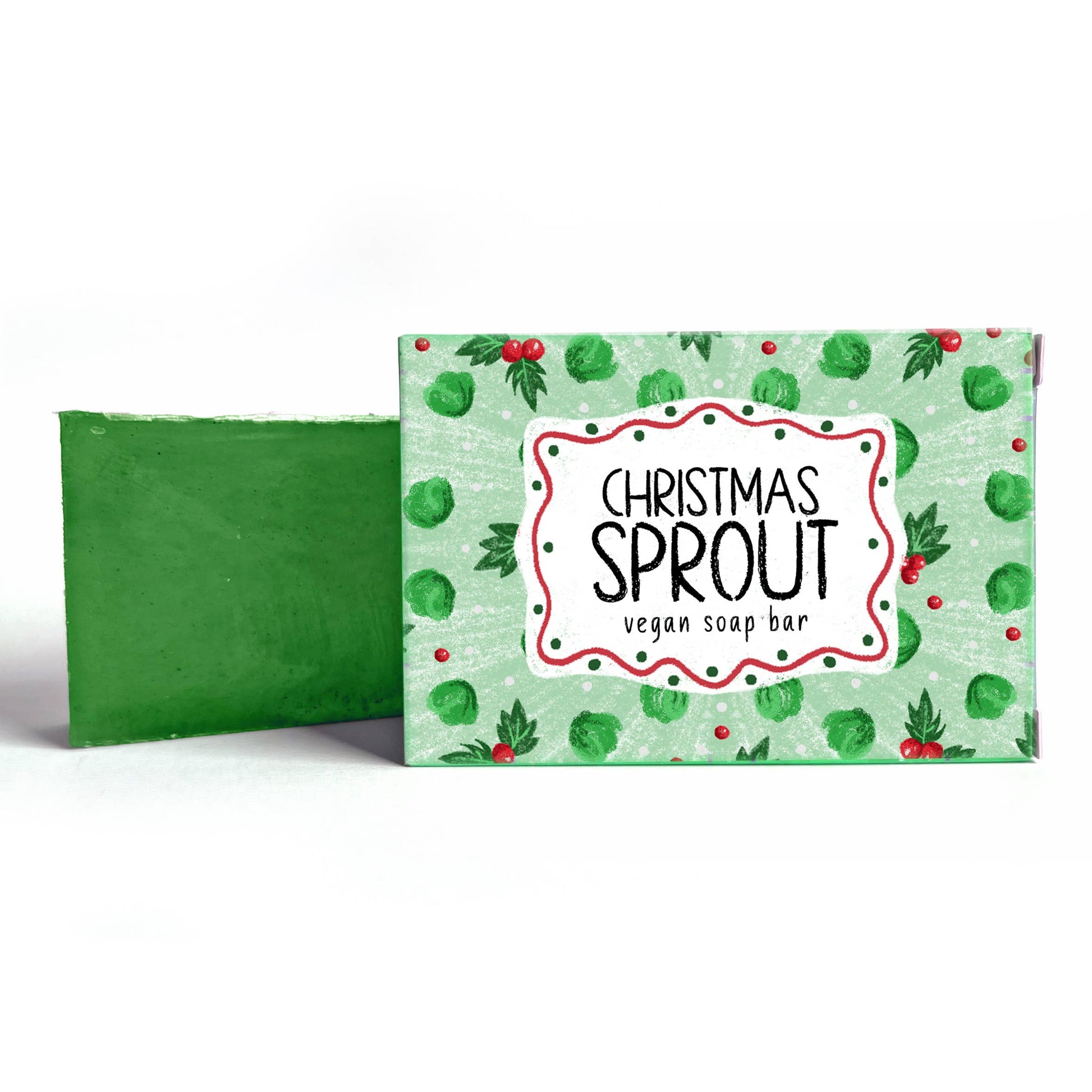 Green vegan soap bar with a decorative box featuring 'Christmas Sprout' text on a white background.
