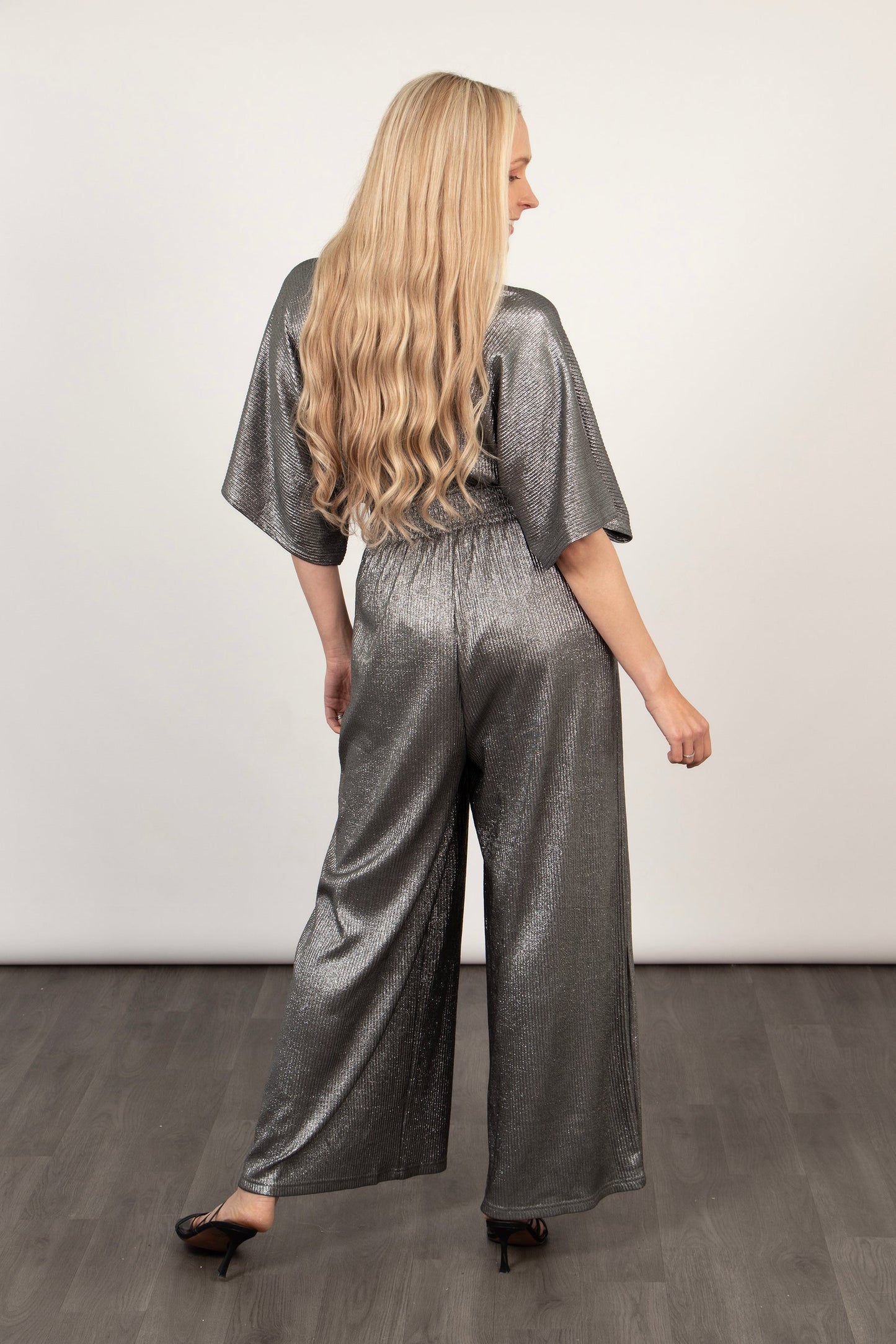 Scarlett V-Neck Jumpsuit - Silver, Pleated