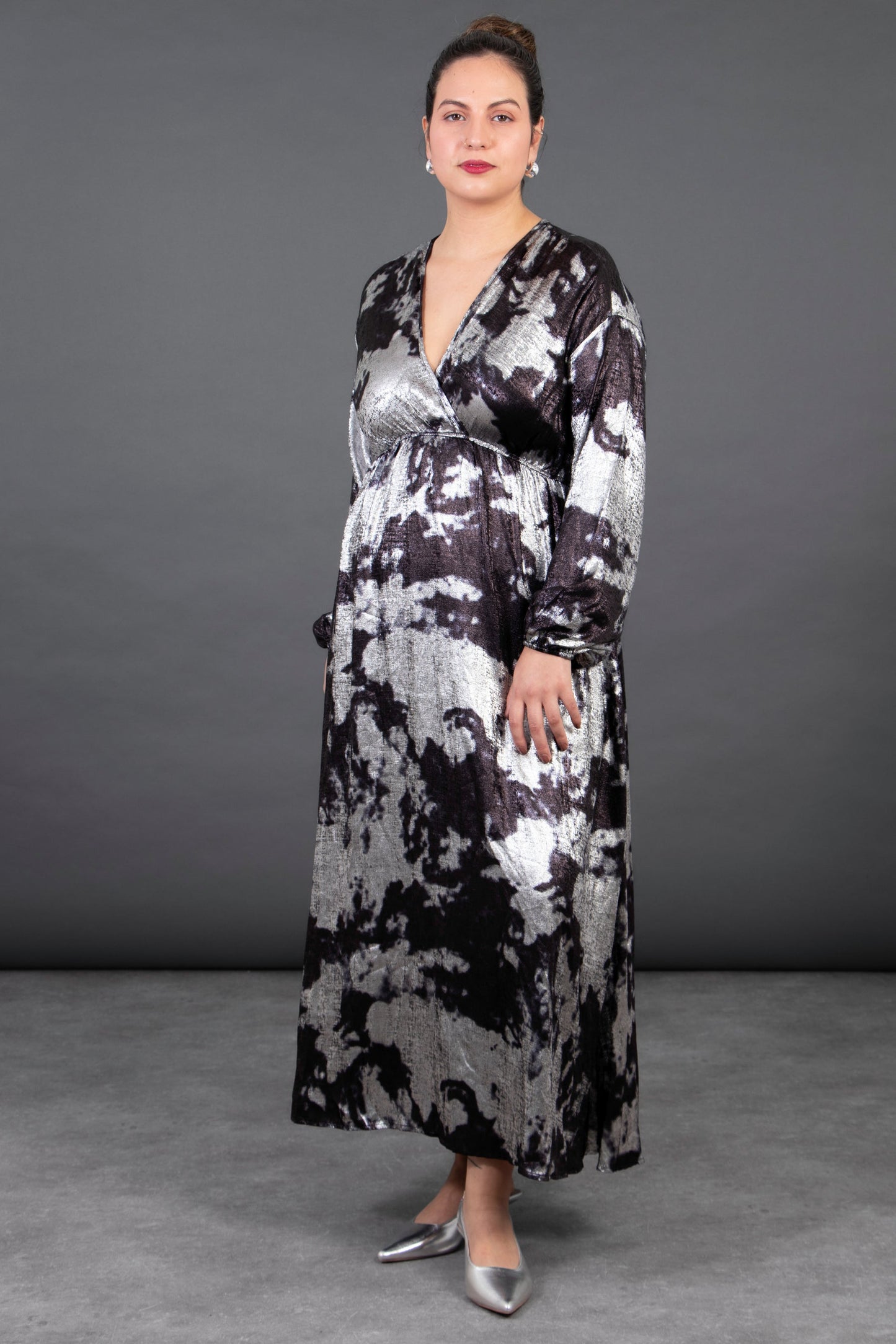 Miss Shorthair Ruby Wrap Top Maxi Dress in Silver, Metallic Oil Slick