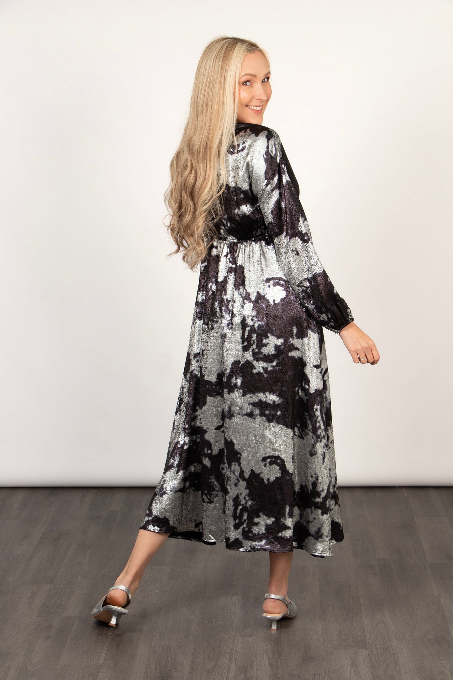 Miss Shorthair Ruby Wrap Top Maxi Dress in Silver, Metallic Oil Slick