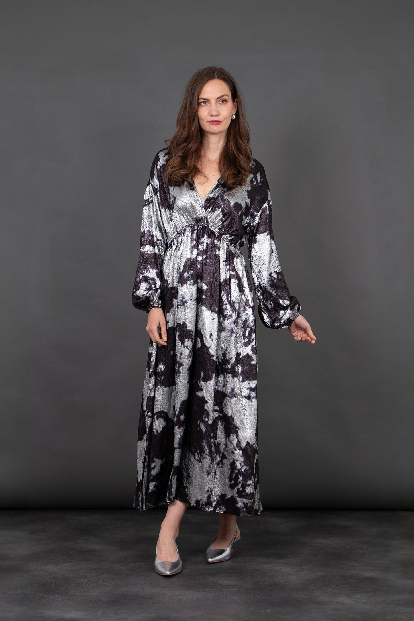 Miss Shorthair Ruby Wrap Top Maxi Dress in Silver, Metallic Oil Slick