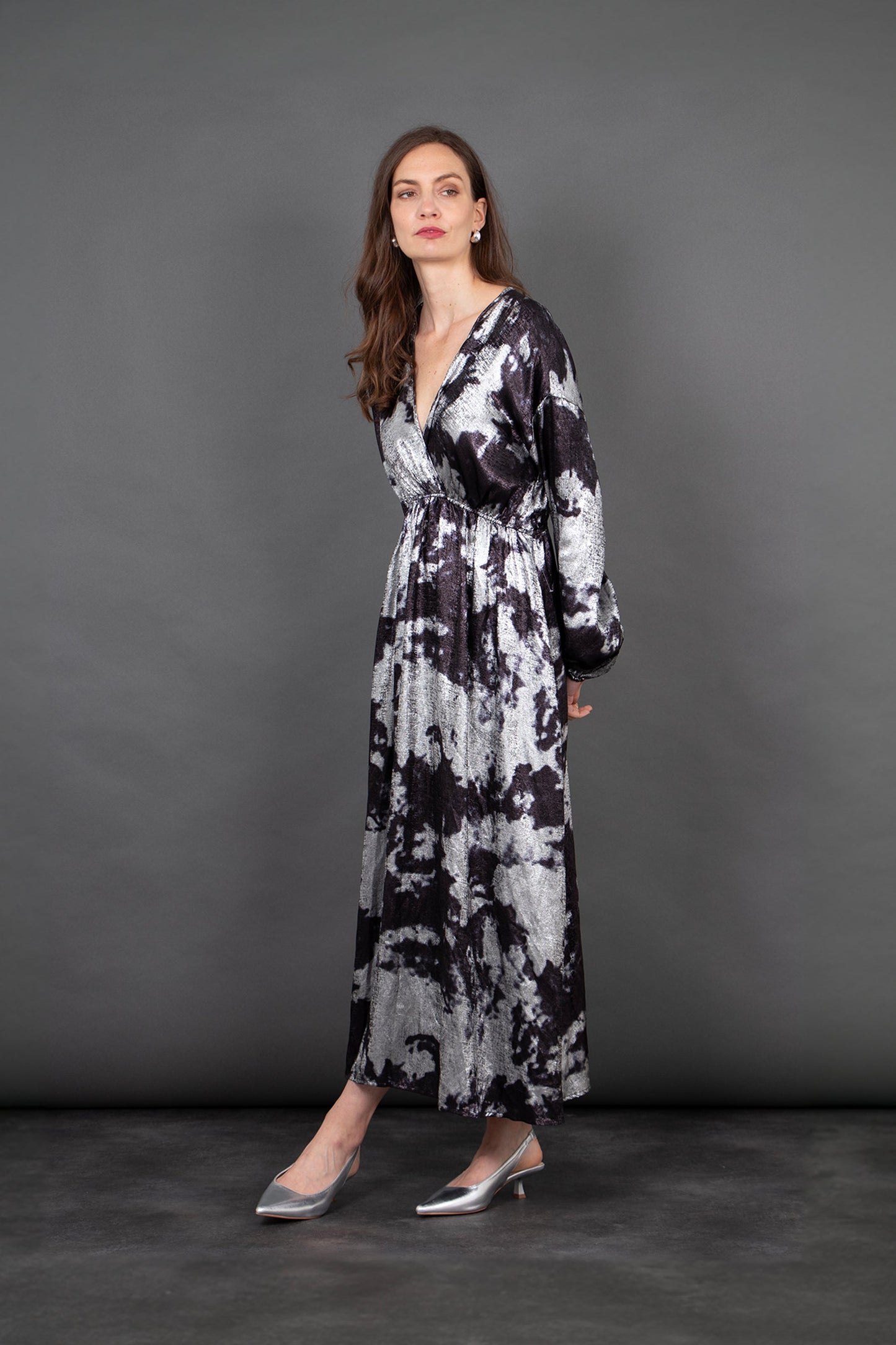 Miss Shorthair Ruby Wrap Top Maxi Dress in Silver, Metallic Oil Slick