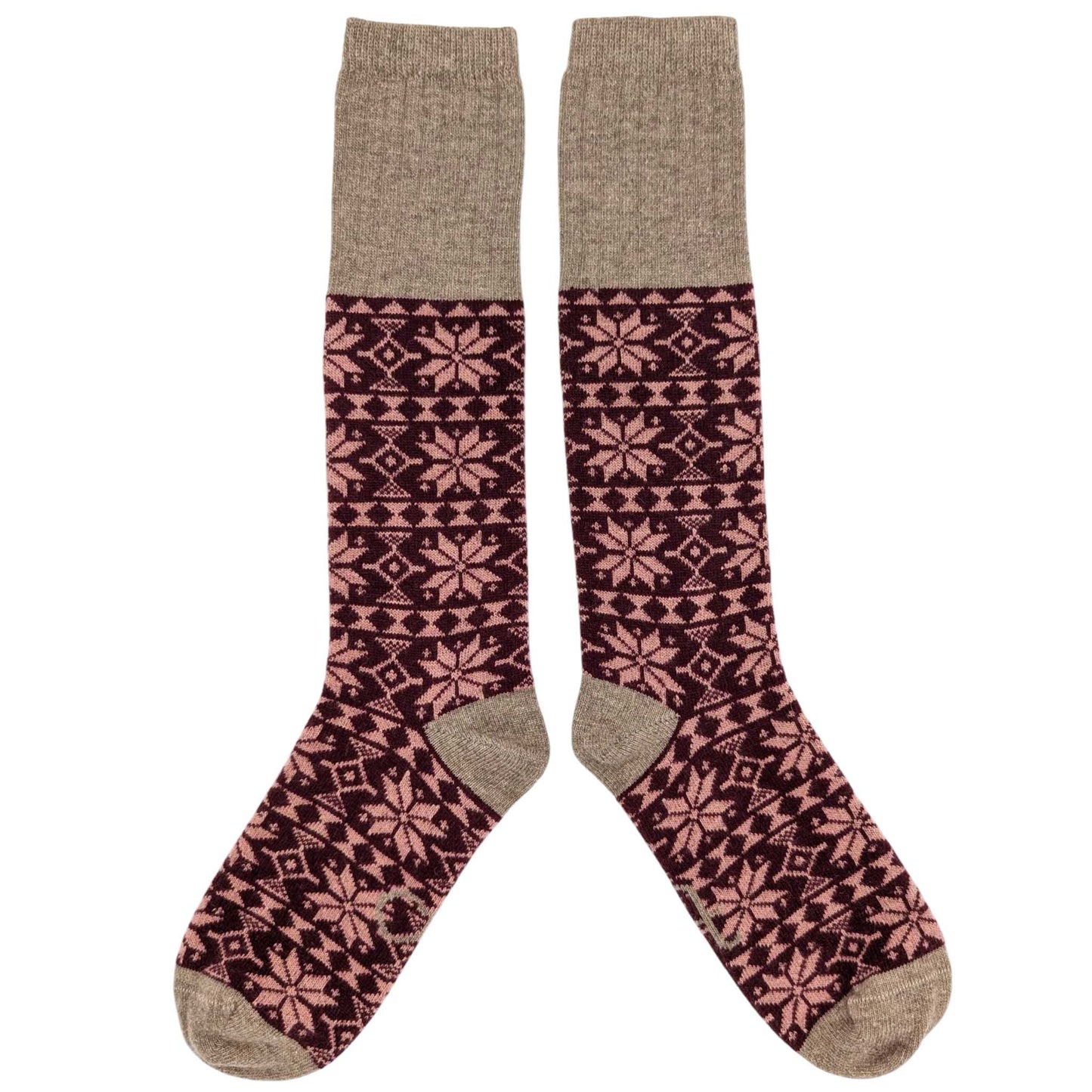 Pair of patterned socks with a white background
