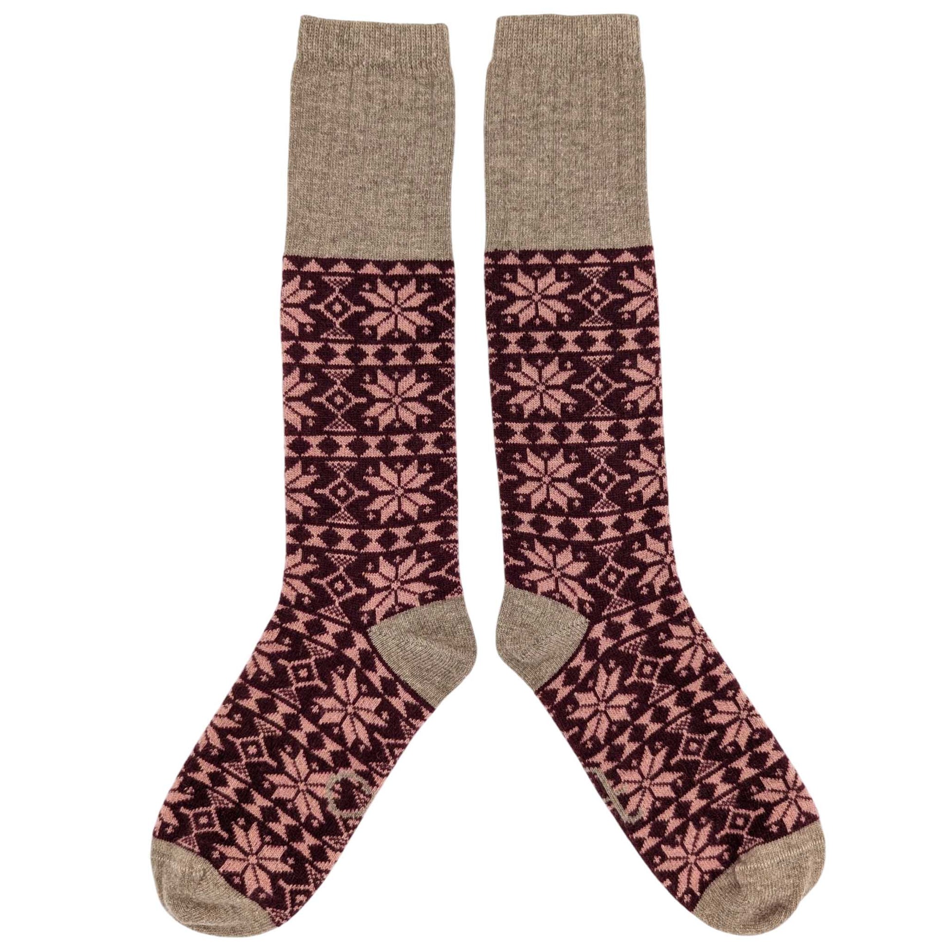 Pair of patterned socks with a white background
