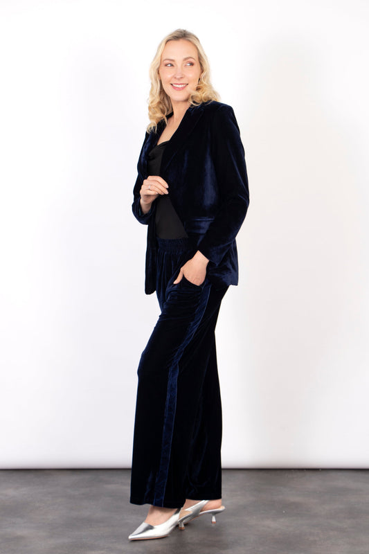 Miss Shorthair Max Wide Leg Trousers in Navy Blue/Blue, Velvet