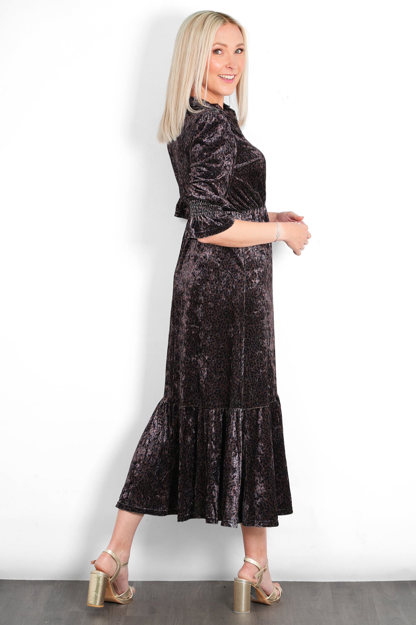 Pandora V-Neck Midaxi Dress- Brown, Velvet Leopard