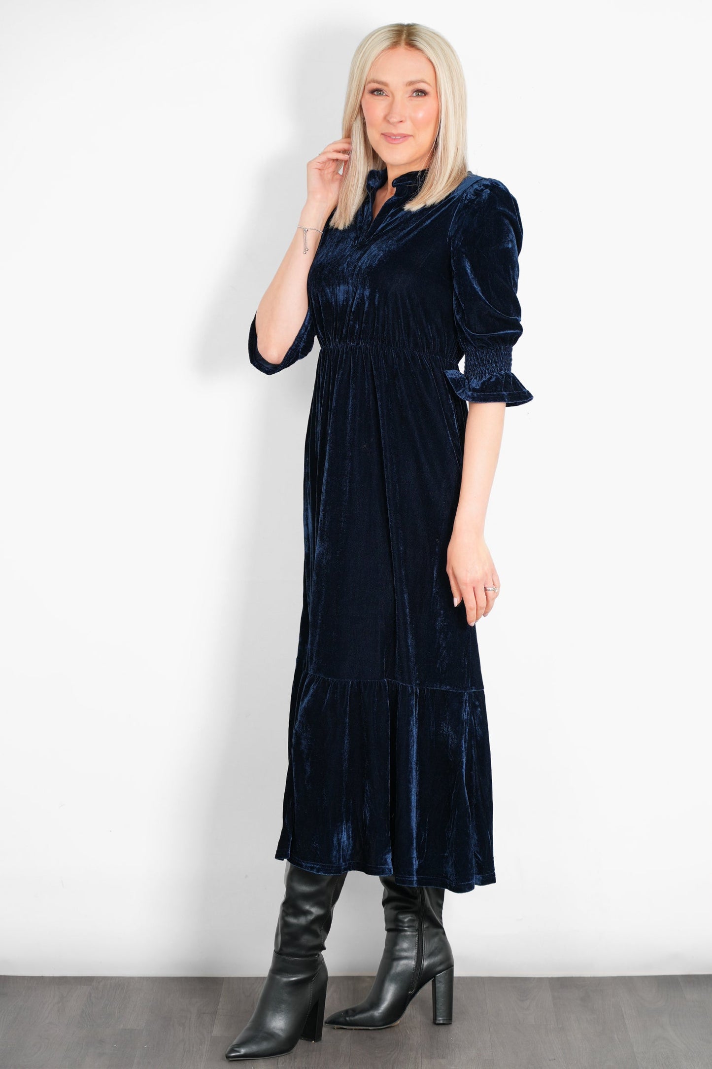 Pandora V-Neck Midaxi Dress- Navy Blue, Velvet