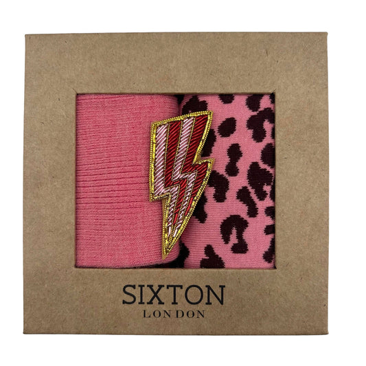 Sixton London - Pink Barcelona & leopard sock box duo with lightning bolt