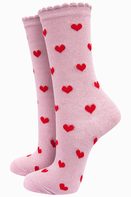 Womens Glitter Socks with Scalloped Edge in a Heart Print