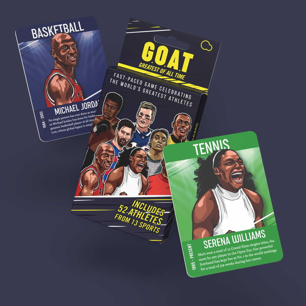 Three sports trading cards featuring athletes from different sports on a dark blue background.